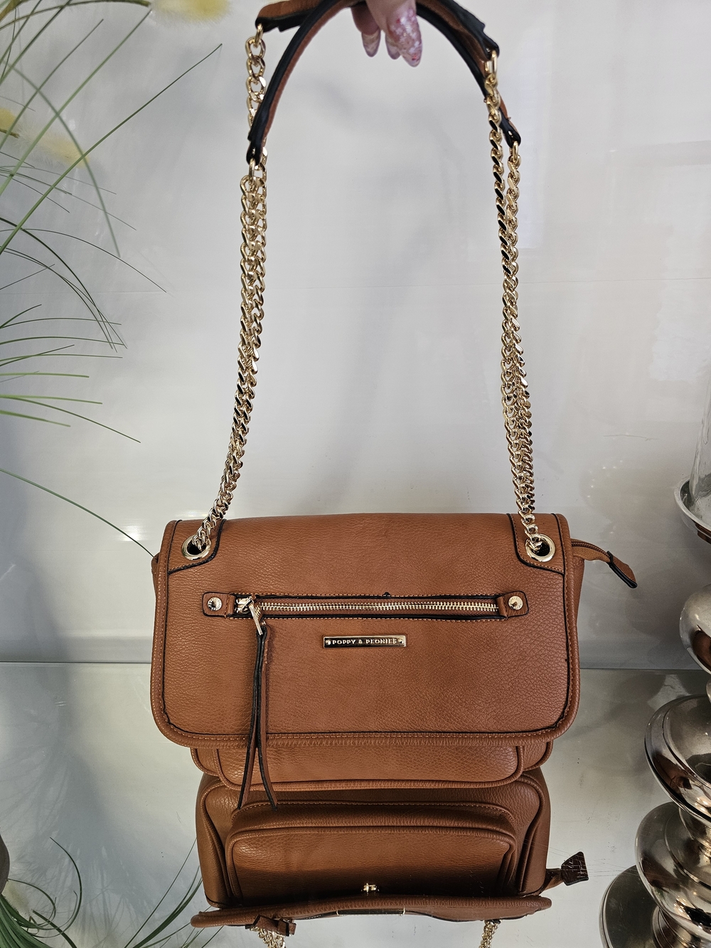 Poppy & Peonies Cognac Vegan Leather Shoulder Bag with Gold Chain